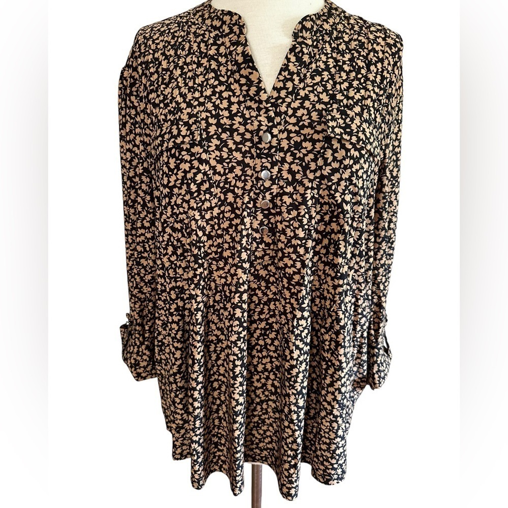 COCOMO XL Brown Black 3/4 sleeve women's Pintuck Blouse top shirt